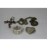 A SMALL COLLECTION OF JEWELLERY, to include heart shape pill box, ring, amethyst pendant, etc