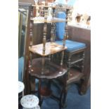 AN EDWARDIAN OCCASIONAL TABLE, a carved oak hall chair, dining chair and two whatnots (5)
