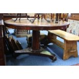 A VICTORIAN CIRCULAR MAHOGANY TABLE, on pillar support and tri-form base, approximate diameter