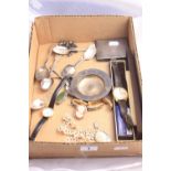 A BOX OF MISCELLANEOUS ITEMS, to include a silver cigarette case, a silver Mappin & Webb ashtray,