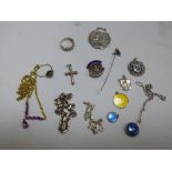A COLLECTION OF JEWELLERY, to include enamel pendants, badges, rings, stick pin, necklaces, etc (