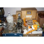 TWO BOXES AND LOOSE GLASS, HORSE BRASSES, TABLE LAMP, 'SINDY' ACCESSORIES, WOODEN TOY AMBULANCE,