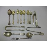 FLATWARE, to include sugar tongs, spoons, forks, together with silver propelling pencil inscribed