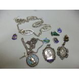 A SMALL COLLECTION OF JEWELLERY, to include two white metal necklaces, together with two fobs and