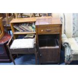 AN OAK CUPBOARD, piano stool and a bookcase with books and a sewing box (sd) (4)