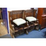 A VICTORIAN PITCH PINE TWO SECTION CHURCH PEW, with cupboards below (sd)
