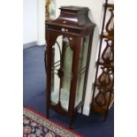 AN EDWARDIAN MAHOGANY DISPLAY CABINET, with gallery top, single door and square tapering supports