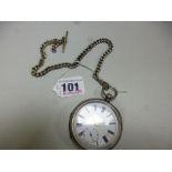 A SILVER POCKET WATCH, with white face and Roman numerals, retailed by Masters Ltd of Rye,