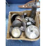 A BOX CONTAINING VARIOUS LUCAS CAR PARTS, including headlamps etc and a Pyrene vintage fire