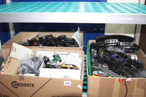 THREE BOXES OF SCALEXTRIC CARS, TRACK AND ACCESSORIES