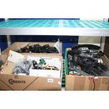 THREE BOXES OF SCALEXTRIC CARS, TRACK AND ACCESSORIES