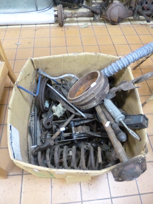 A BOX OF VINTAGE CAR SUSPENSION AND BRAKE PARTS, etc