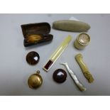 A SMALL COLLECTION OF COLLECTABLE ITEMS, to include a sovereign holder, cheroot holder and cane,