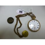 A GOLD PLATED POCKET WATCH, together with graduated chain and fob