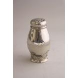 A CONTINENTAL WHITE METAL SUGAR CASTER, of bulbous ovoid form with scroll decoration to foot,