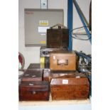 VARIOUS WORK BOXES, DRAWER, etc, to include two tea caddy's (missing interior), writing slope (