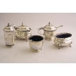 A MATCHED SILVER THREE PIECE CRUET, of cylindrical form with beaded rim on circular foot,