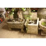 A COMPOSITE RECTANGULAR GARDEN PLANTER, on separate supports and another planter (2)