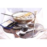 A CIRCULAR TREEN BOWL, with liner (af) having white metal mounts, tortoiseshell and silver