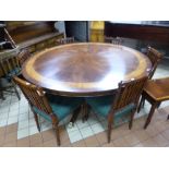 A LARGE MODERN CIRCULAR MAHOGANY AND YEW WOOD BANDED DINING TABLE, approximate diameter 172cm, and