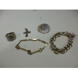 A SMALL SELECTION OF JEWELLERY, to include a curb link bracelet, marcasite pendant, brooch, ring and