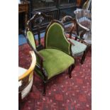 AN EDWARDIAN MAHOGANY FRAMED ARMCHAIR, with green upholstery and a Victorian single chair (2)