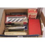 A TRAY OF PENS AND WRITING EQUIPMENT, including a boxed parker Classic SSCT Flighter ballpoint, a