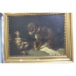 A GILT FRAMED OIL ON CANVAS, Continental School, depicting figure with dog, unsigned