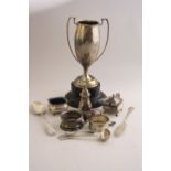 A SILVER TWIN HANDLED URN TROPHY, London 1929, approximately 4ozt, 17cm high (dented and a.f.),