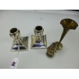A PAIR OF SQUARE SILVER CANDLESTICKS, on weighted square stepped bases, Sheffield 1907,