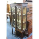 AN EDWARDIAN MAHOGANY INLAID TWO DOOR DISPLAY CABINET, with undershelf (sd)