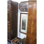 AN OAK FRAMED WALL MIRROR, and a quantity of various pictures including dog prints