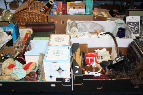 FOUR BOXES OF CERAMICS, GLASS, SUNDRIES, BOOKS, etc, to include boxed 'Me to You' teddies,