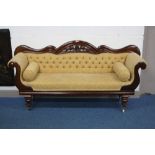 A MAHOGANY FRAMED DOUBLE SCROLL END SOFA, with gold button back upholstery