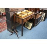 A 19TH CENTURY MAHOGANY LOWBOY, with three drawers and a mahogany plant stand (2)