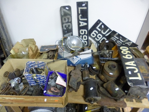 EIGHT BOXES AND LOOSE VINTAGE CAR PARTS, including lights, starter motors, etc