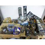 EIGHT BOXES AND LOOSE VINTAGE CAR PARTS, including lights, starter motors, etc