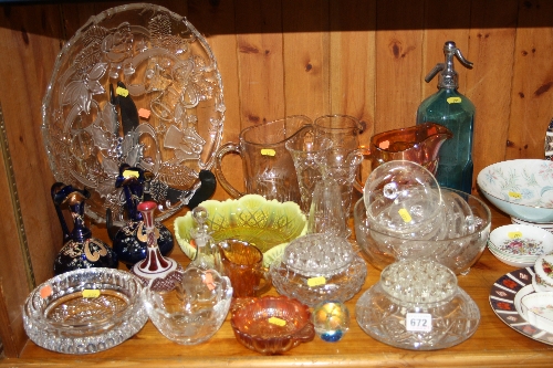 VARIOUS CUT AND COLOURED GLASS, to include Carnival glass, a pair of blue glass florally enamelled