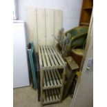 A PAINTED PINE DOOR, painted shelving, metal fold chair etc