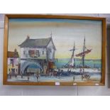 AN OIL ON CANVAS, Dock scene, signed lower right 'Arnold' or similar, approximately 50.5cm x 75.5cm