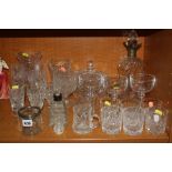 VARIOUS CUT GLASS, etc, to include silver collared thistle shaped decanter, silver topped jar and