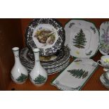 THREE PALISSY 'GAME SERIES' PLATES, a pair of Spode 'Christmas Tree' vases and two similar plates