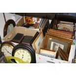 FOUR BOXES AND LOOSE PICTURES, CLOCKS, BOOKS, MIRROR, etc