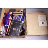 A LARGE BOX OF MASONIC MEMORABILIA, to include flags, books, etc