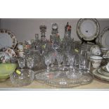 VARIOUS CUT GLASS, to include claret jug, two decanters etc