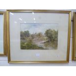A 19TH CENTURY WATERCOLOUR, river landscape with sheep to banks, castle in distance, signed and