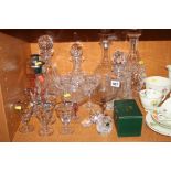 VARIOUS CUT GLASS DECANTERS, GLASS, COCKTAIL SHAKER, etc