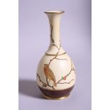 A WEDGWOOD BUD VASE, matt glazed with painted and gilt bird on fruiting branches on an ivory ground,