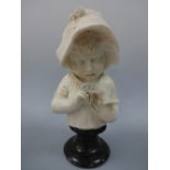 A 19TH CENTURY WHITE MARBLE PORTRAIT, Child feeding bird, wearing floral mounted bonnet, set on