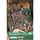 A BOX OF HORSE HAMES, BRIDLE TACK, BITS, BRASSES, etc